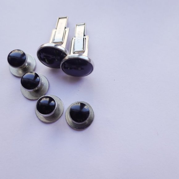 Vintage Stamped Pioneer Cufflinks and Tuxedo Studs Men's Black and Silver NEW - Picture 2 of 2